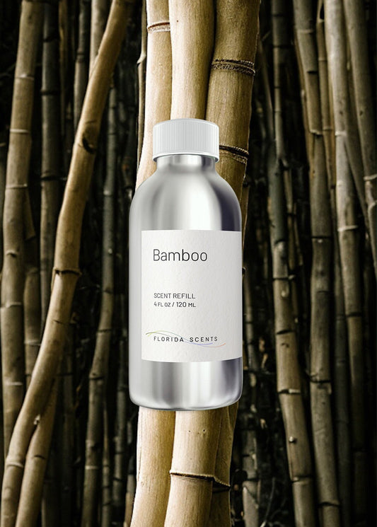 Bamboo Scent Refill - Florida Scents Essentials bottle placed against a backdrop of natural bamboo stalks, ideal for home fragrance lovers.