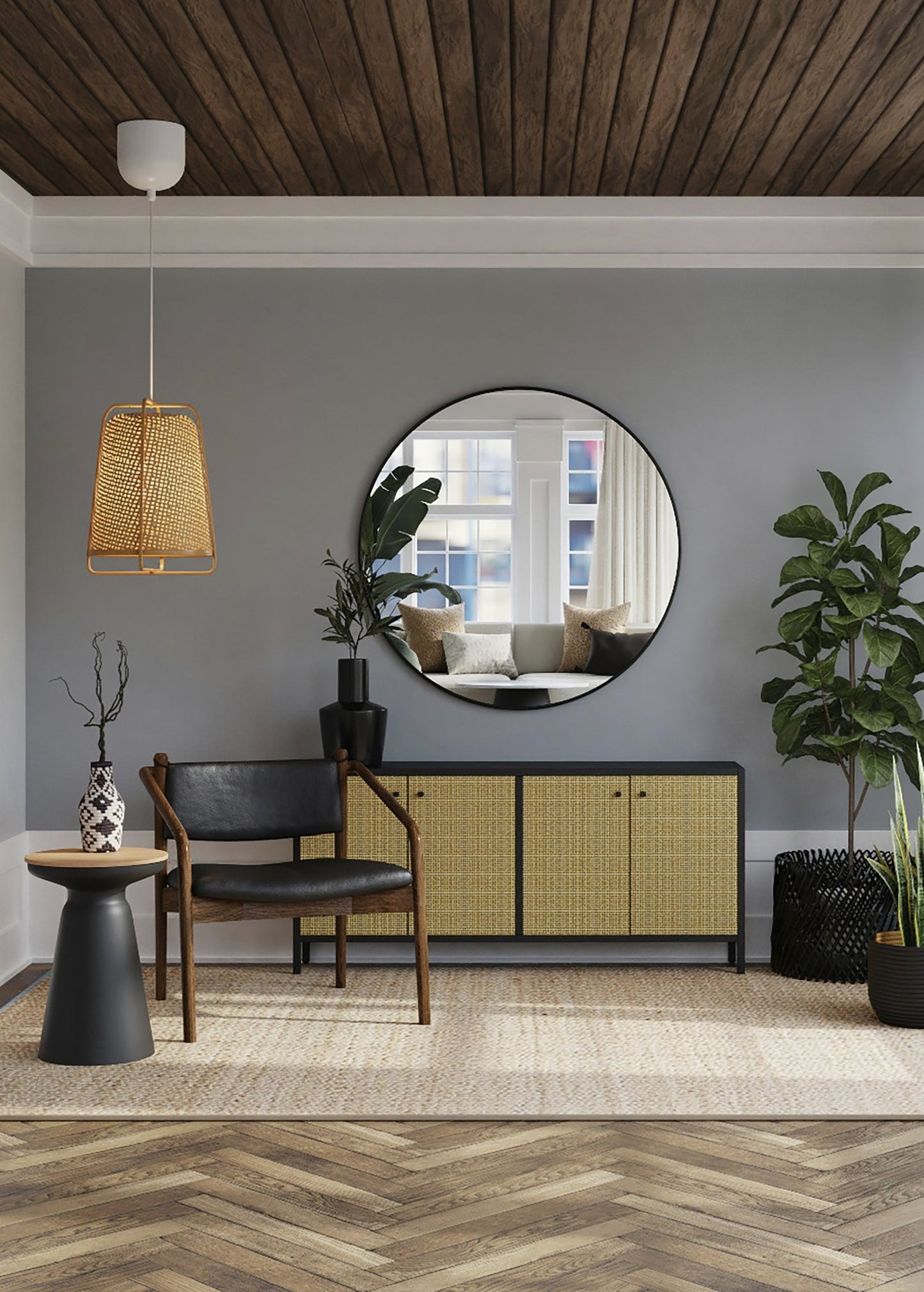 Basil + Lime Room Spray - Florida Scens Essentials displayed in a modern living room with natural decor. Ideal for focus and refreshing ambiance.