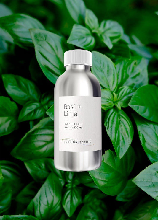 Basil & Lime Scent Refill - Florida Scents Essentials bottle placed on fresh basil leaves. Ideal for energizing and refreshing indoor spaces.
