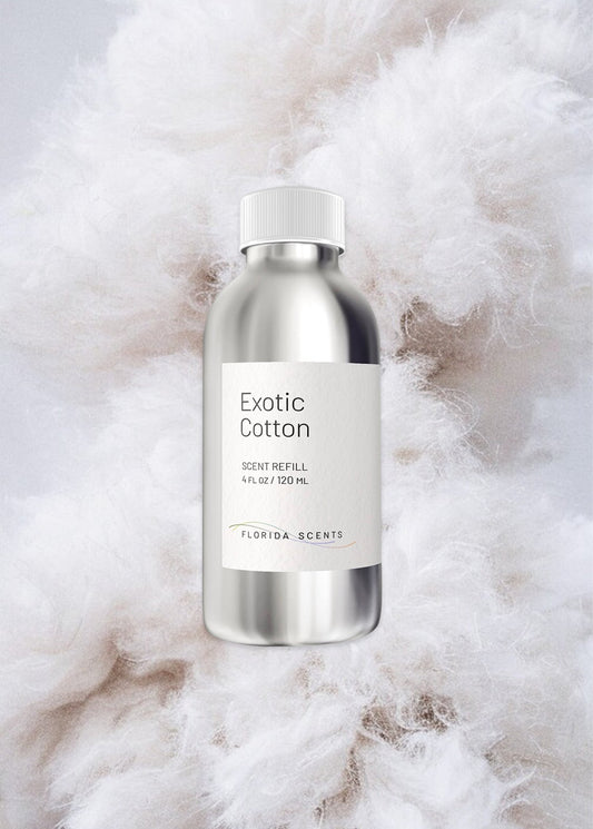 Exotic Cotton Scent Refill by Florida Scents Essentials placed on soft cotton background, ideal for home fragrance and decor ambiance.
