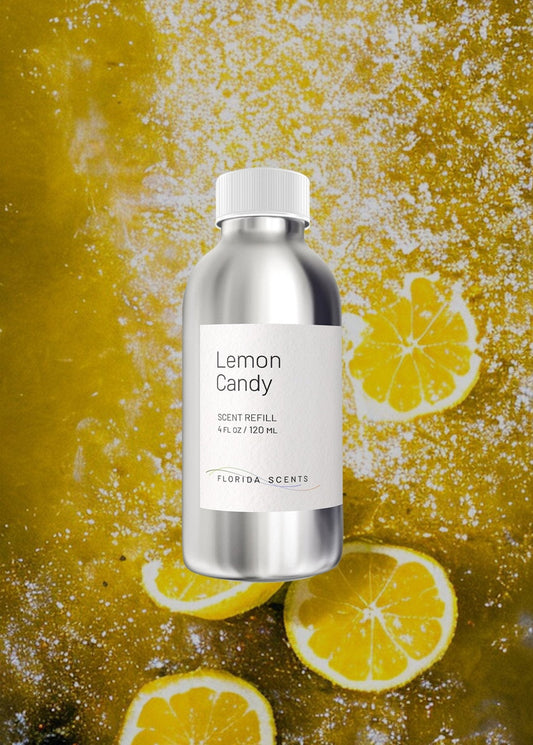 Lemon Candy Scent Refill by Florida Scents Essentials placed on a vibrant lemon and sugar background, ideal for home fragrance and mood boosting.