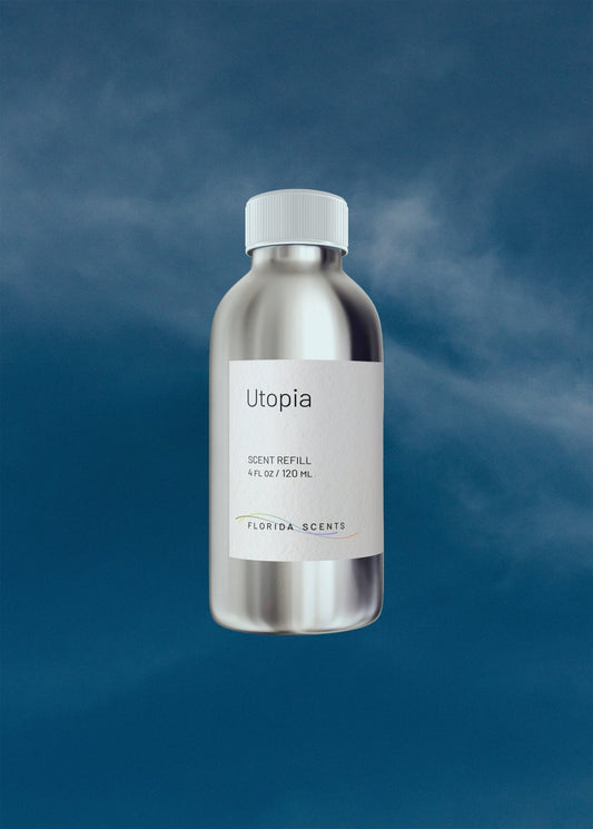 Utopia Scent Refill - Florida Scents Essentials in a sleek silver bottle with minimalist label, ideal for home fragrance lovers seeking harmony.