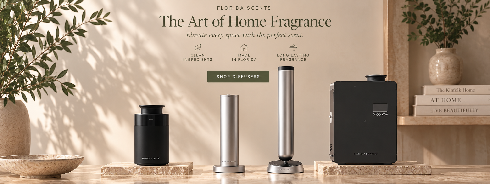 A styled home fragrance display featuring several scented diffusers and a rectangular box on a wooden surface, with decorative plants and books in the background. Text at the top reads 'The Art of Home Fragrance' and 'Florida Scents.